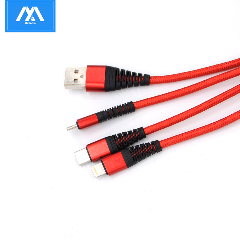 Hot Sale Nylon Braided 1.2m Charging USB Cable 3 in 1 Multi-Use for iPhone Micro USB Type C Data Cable