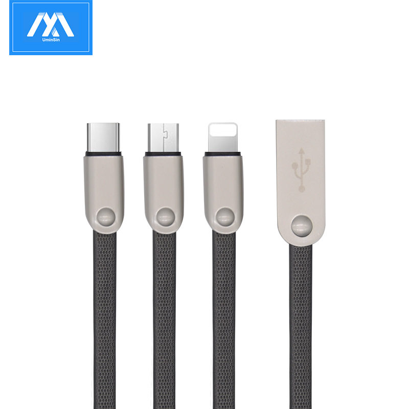 3 in 1 Zinc Alloy Flat USB Charging Cable Mobile Phone Accessories for iPhone Android and Type-C