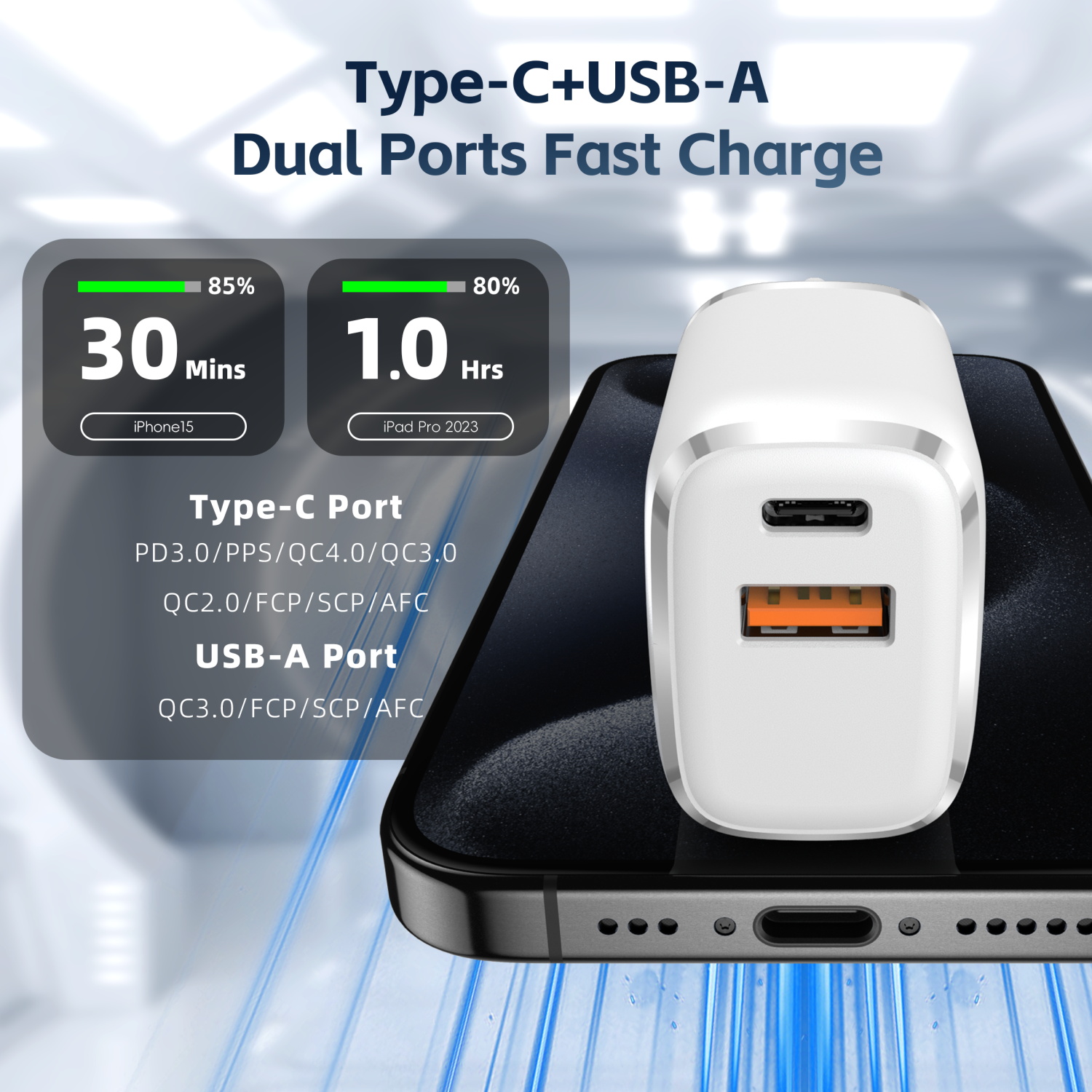Universal 30W PD Fast Charger Dual Port Phone Charger for Smartphone Tablet Laptop-Type C with OTP OVP Protection for Camera Use