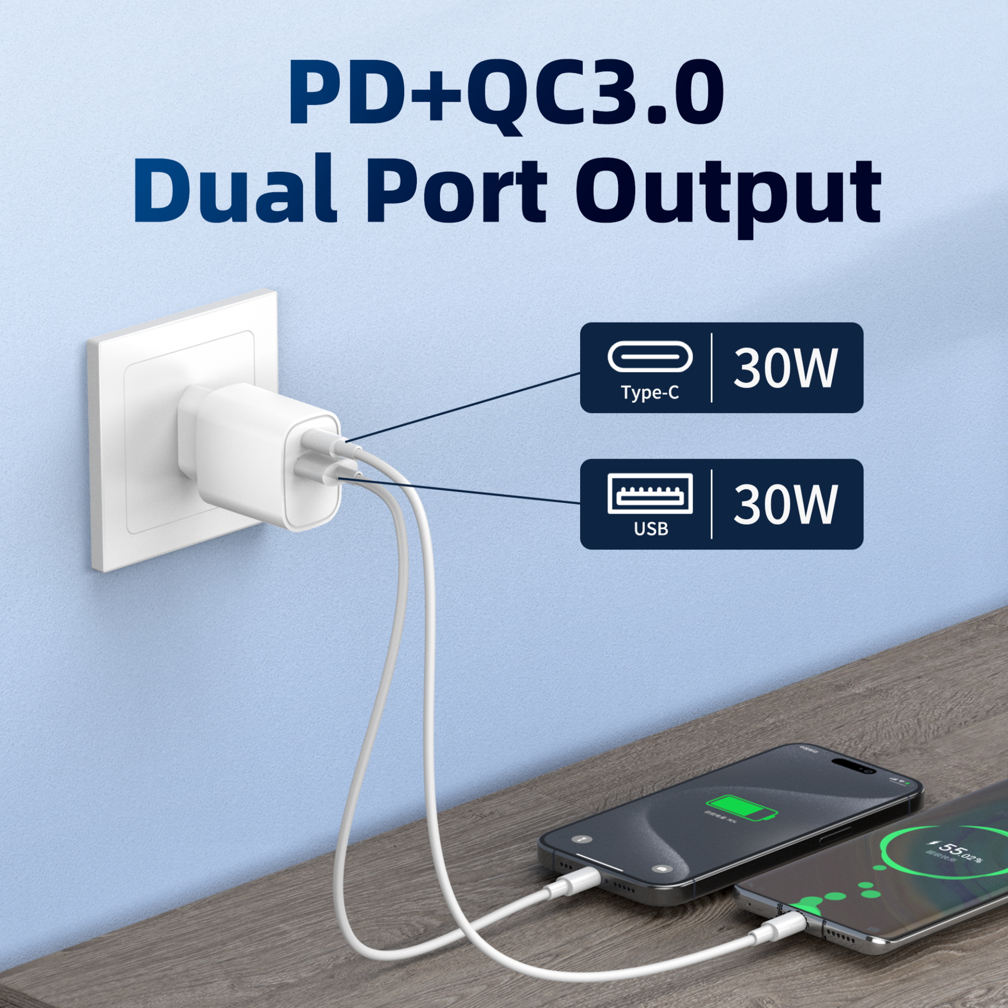 30W Dual Port Smart Fast Charger Fully Compatible with Samsung and Huawei Super Fast Protocol Charging for Laptops and Mobiles