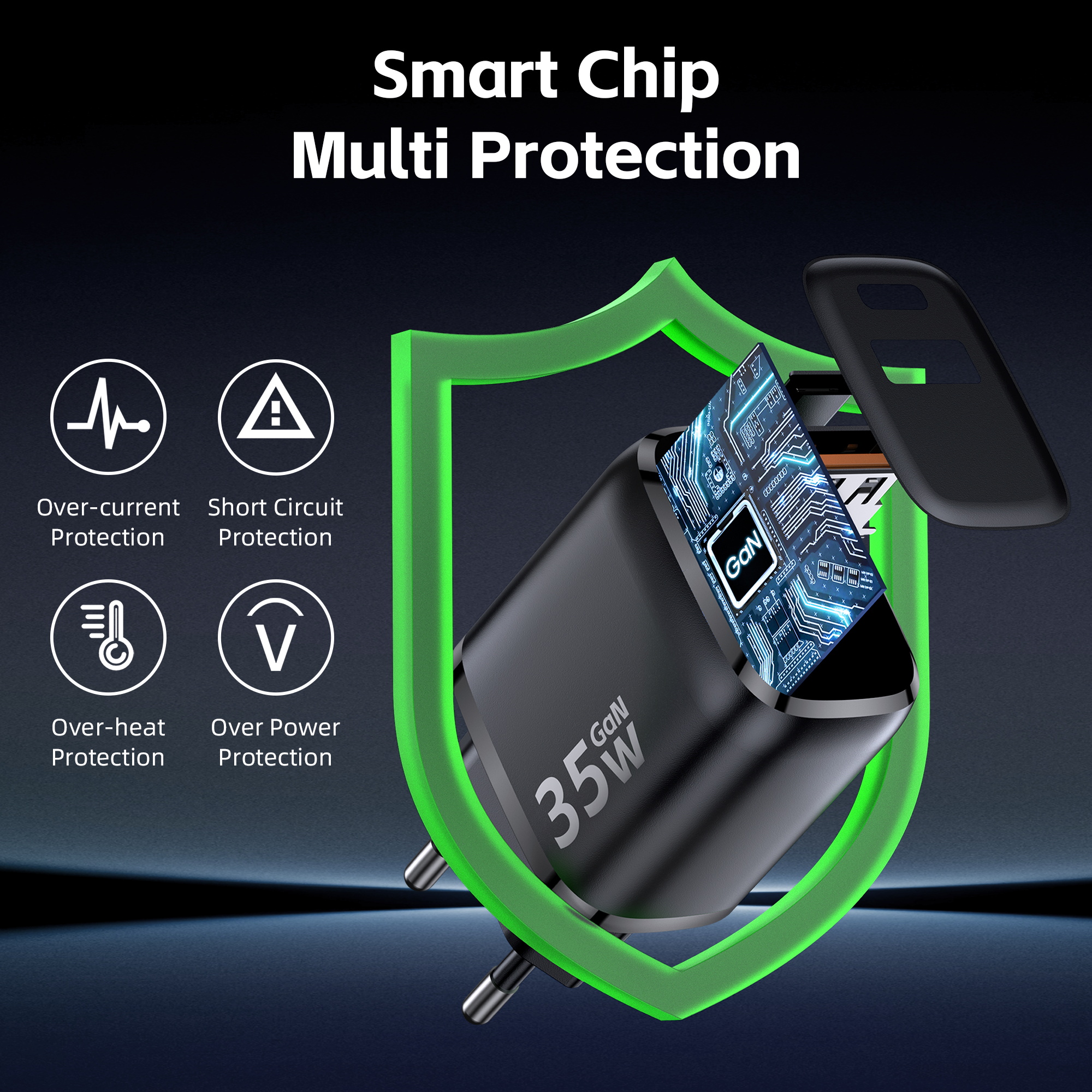 PD Charger 35W Dual Port Gan Fast Charger High Efficient PPS FCP USB-C Wall Charger for Mobile Phone EU Plug