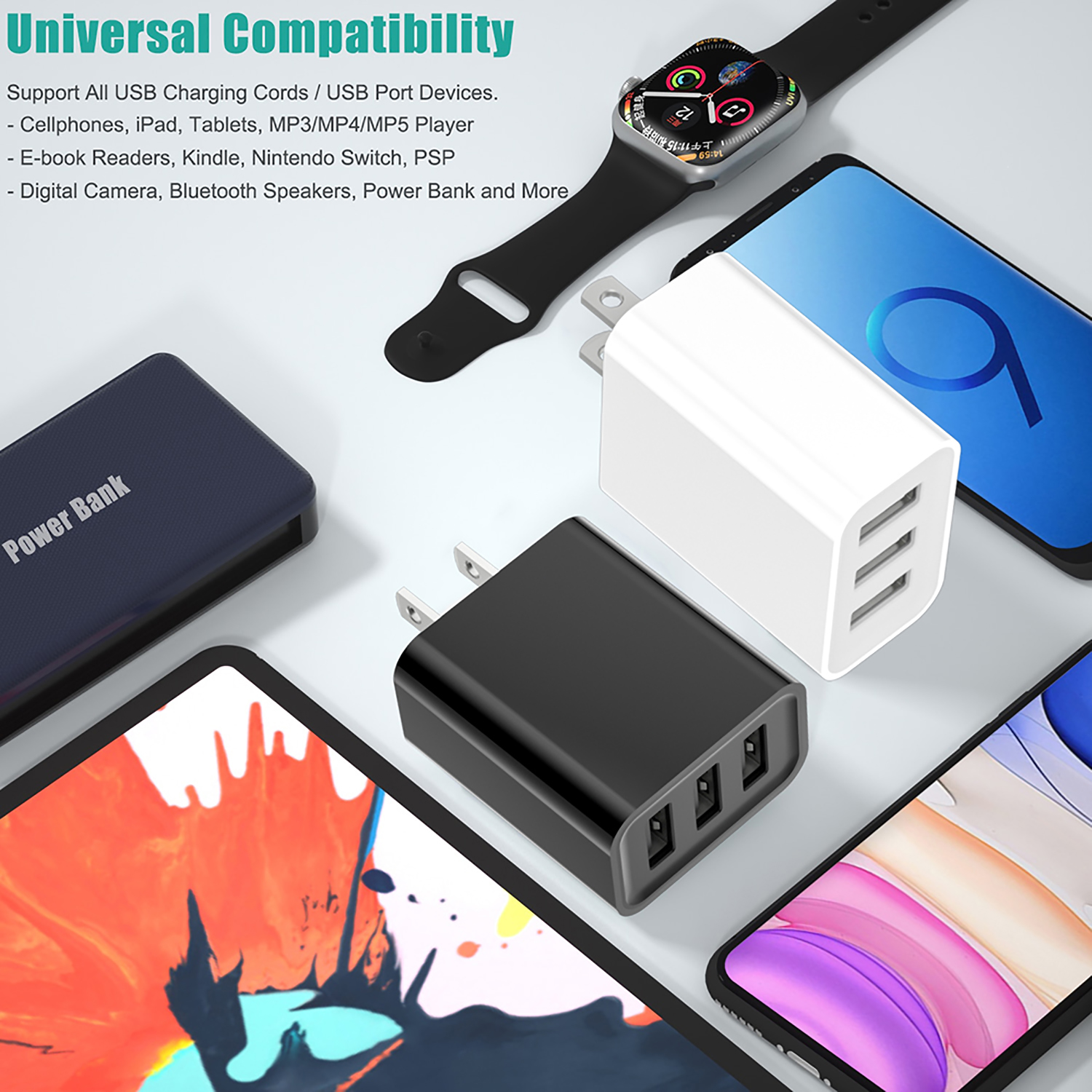 17W Fast Charging 3-USB Multi-Port Electric Charger Dual USB Charging Head for Mobile Phones Flats Small Fans European Gauge