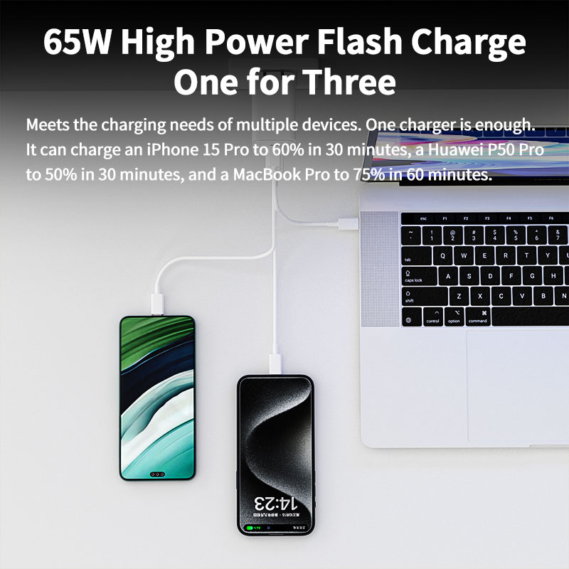 65W 3-Port GaN Charger PD65W Travel Charger Multi Function PD Power Adapter Fit for Laptop Mobile Phone