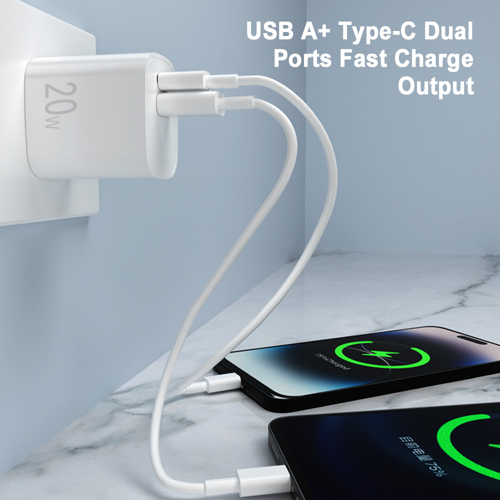 CE Certificate Competive Price USB C Wall Charger 20W Dual Port 1A+1C Fast Phone Charger